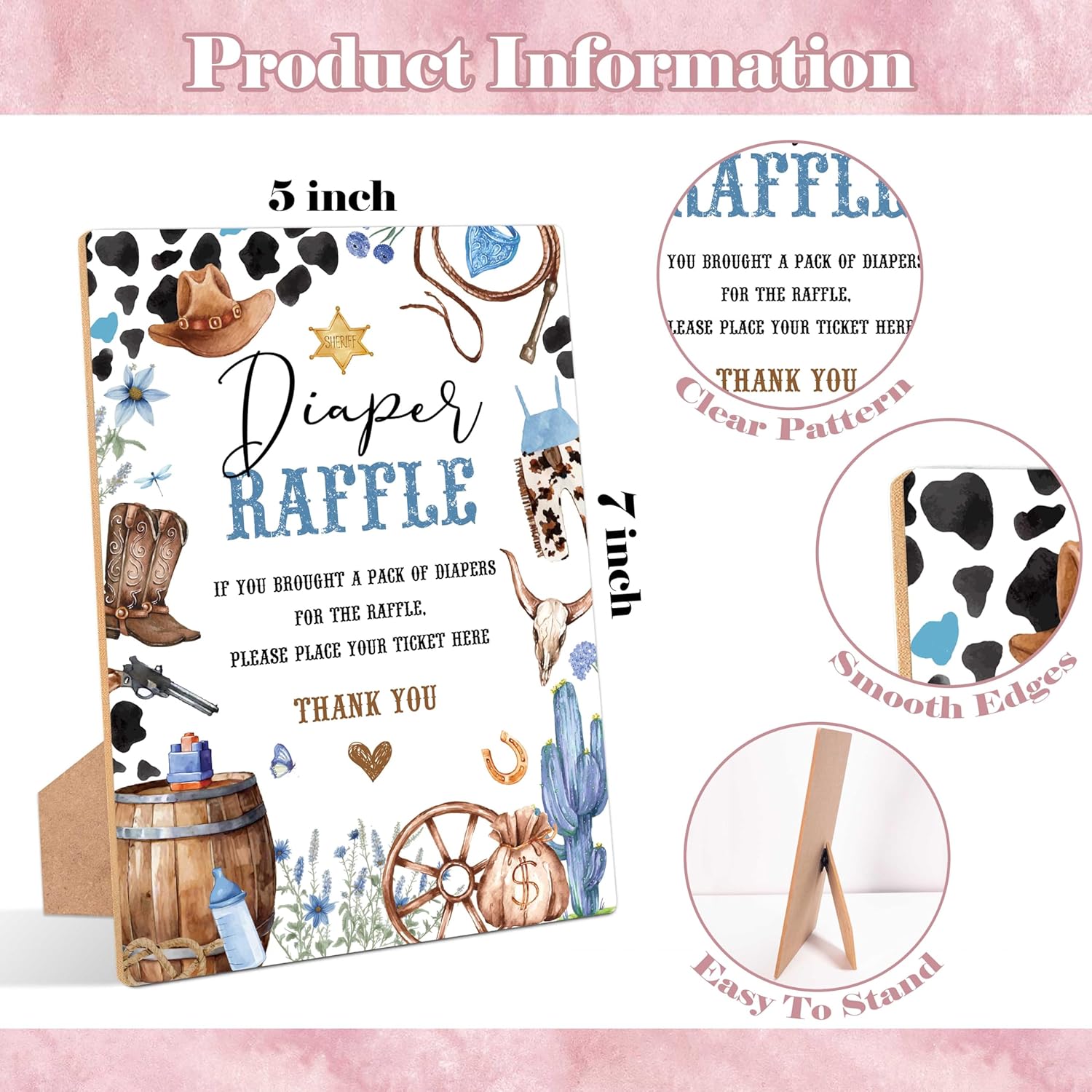 Cowboy Baby Shower Diaper Raffle, Pack Of 1 Wooden Tabletop Sign With Stand And 50 Diaper Raffle Tickets, Wild West Rodeo Baby Shower Game, Gender Reveal Party Decorations - Eh11