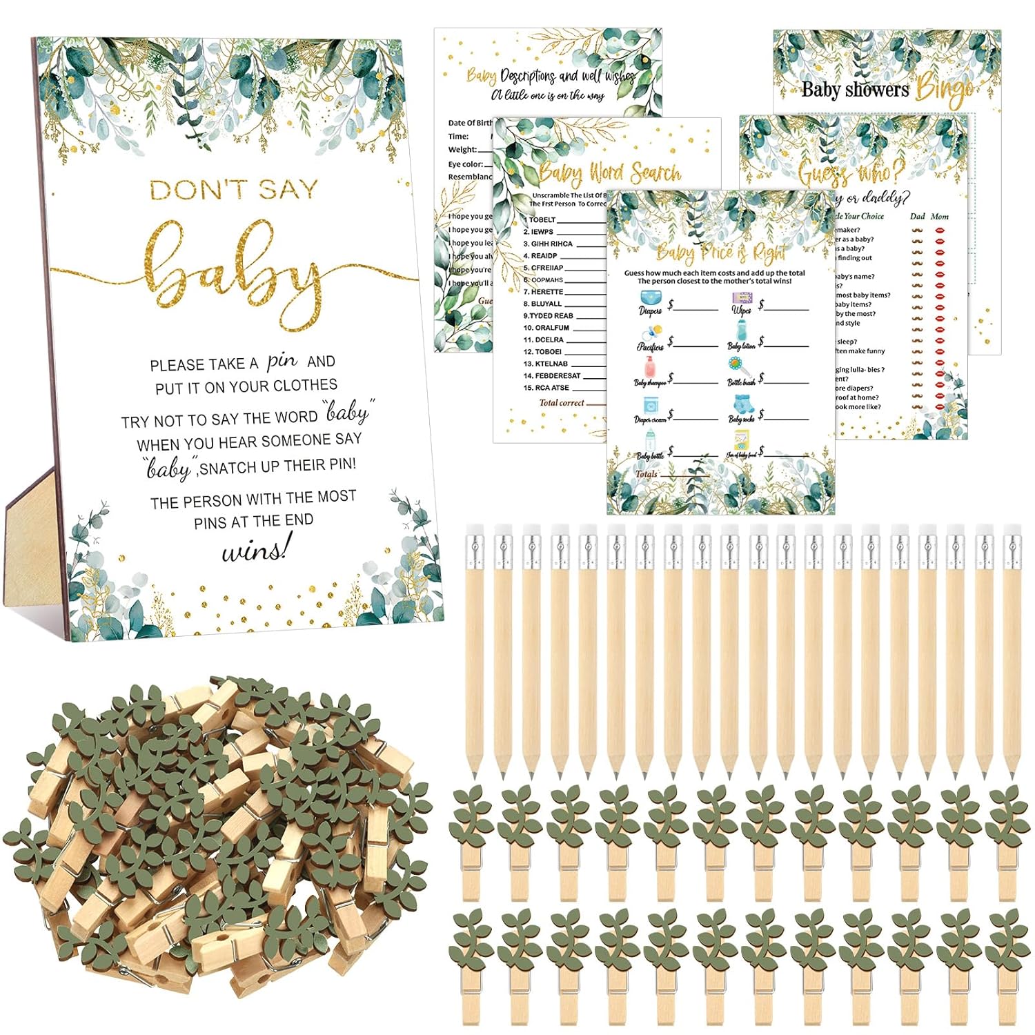 321 Pcs Greenery Baby Shower Game Decorations Sage Greenery Gender Neutral Baby Shower Decorations 5 Set Games Bingo Don'T Say Eucalyptus Clothespins For Gender Reveal Birthday Party Supplies