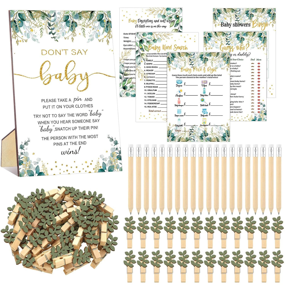 321 Pcs Greenery Baby Shower Game Decorations Sage Greenery Gender Neutral Baby Shower Decorations 5 Set Games Bingo Don'T Say Eucalyptus Clothespins For Gender Reveal Birthday Party Supplies