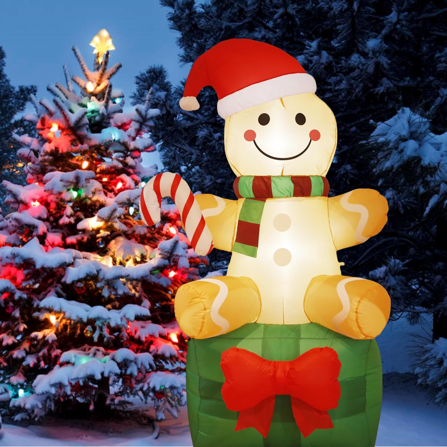 Christmas Inflatable Gingerbread Man With Giant Gift Box 6 Ft, Outdoor Xmas Holiday Decorations Blow Up, Inflatable Yard