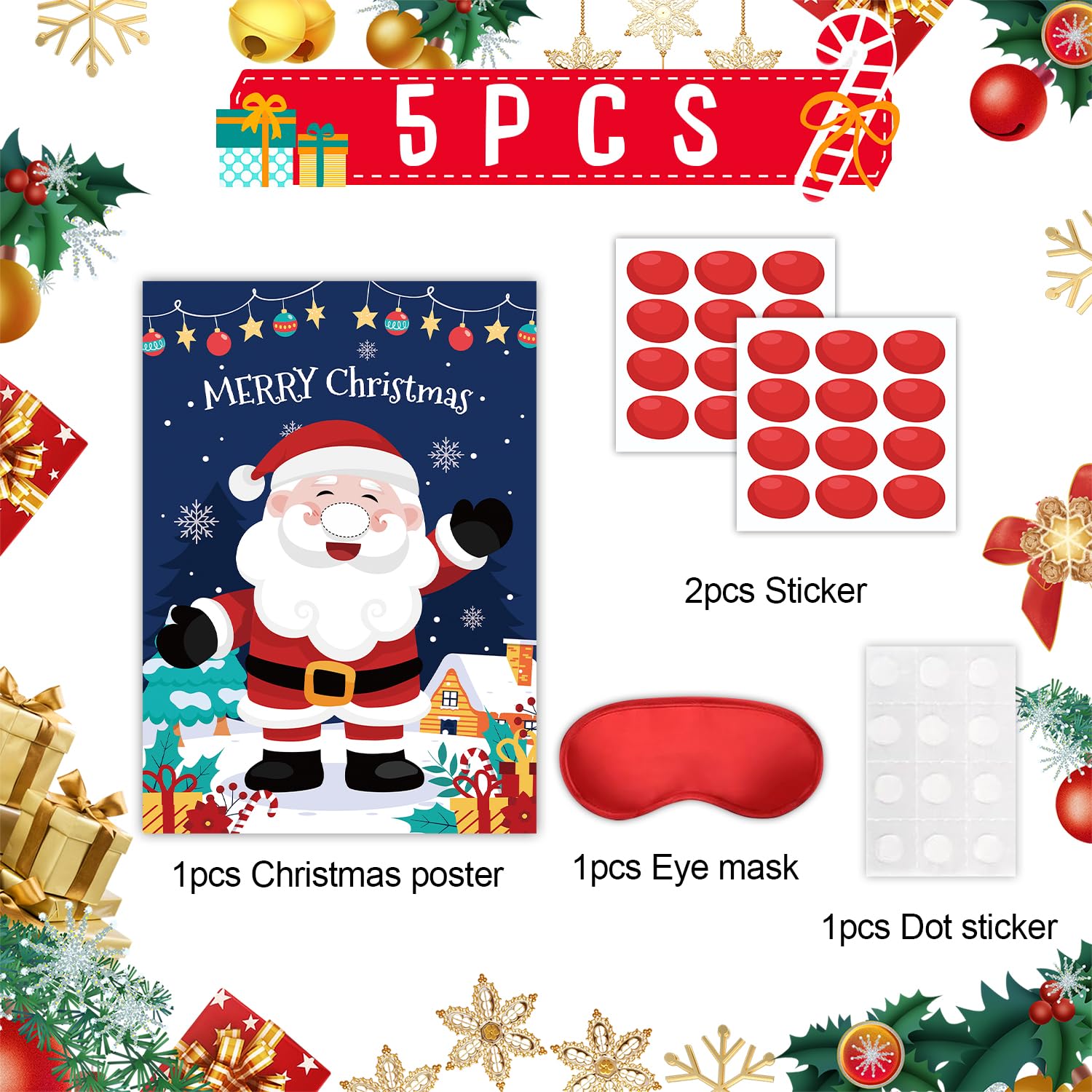 Pin The Nose On The Santa Claus, Christmas Party Supplies With Banner Poster Blindfold 24 Pcs Red Nose Stickers 2 Pcs Blindfold For Christmas Decorations