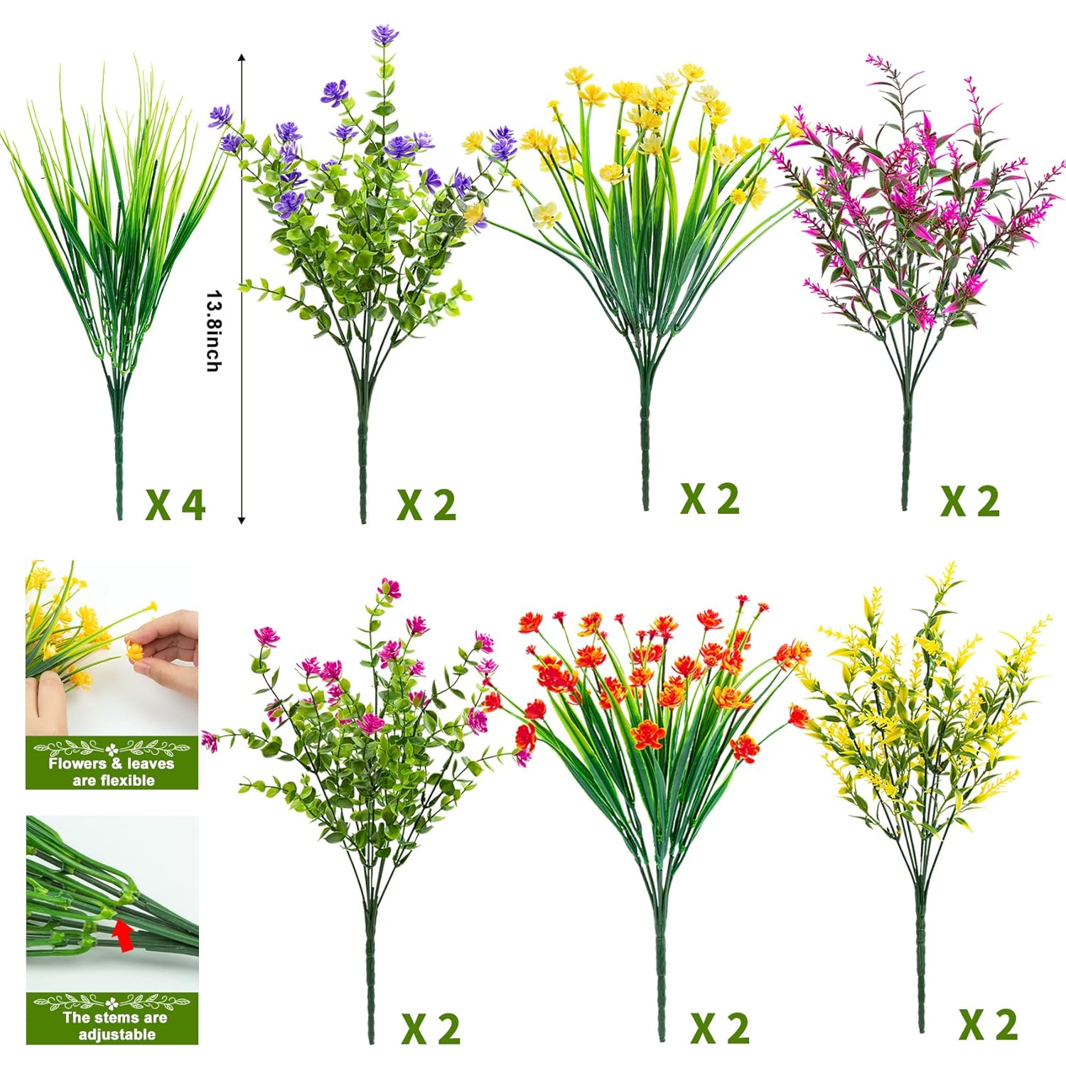 16 Bundles Artificial Flowers For Outdoors Fake Plastic Plants Faux Shrubs Greenery Wheat Grass Uv Resistant For Spring Summer Garden Patio Window Box Office Table Kitchen Home Decoration