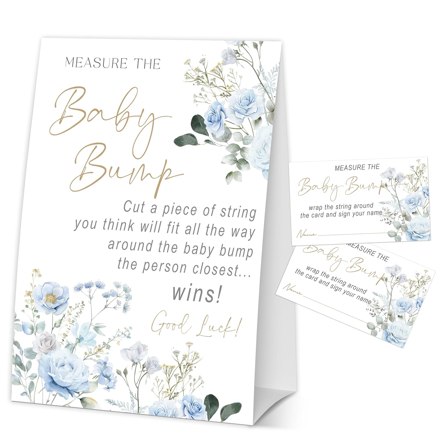 Baby In Bloom How Big Is Mommys Belly Game, Measure The Baby Bump Baby Shower Game, Blue Floral Baby Shower Party Decor & Supplies, 1 Sign & 50 Guess Cards-A04
