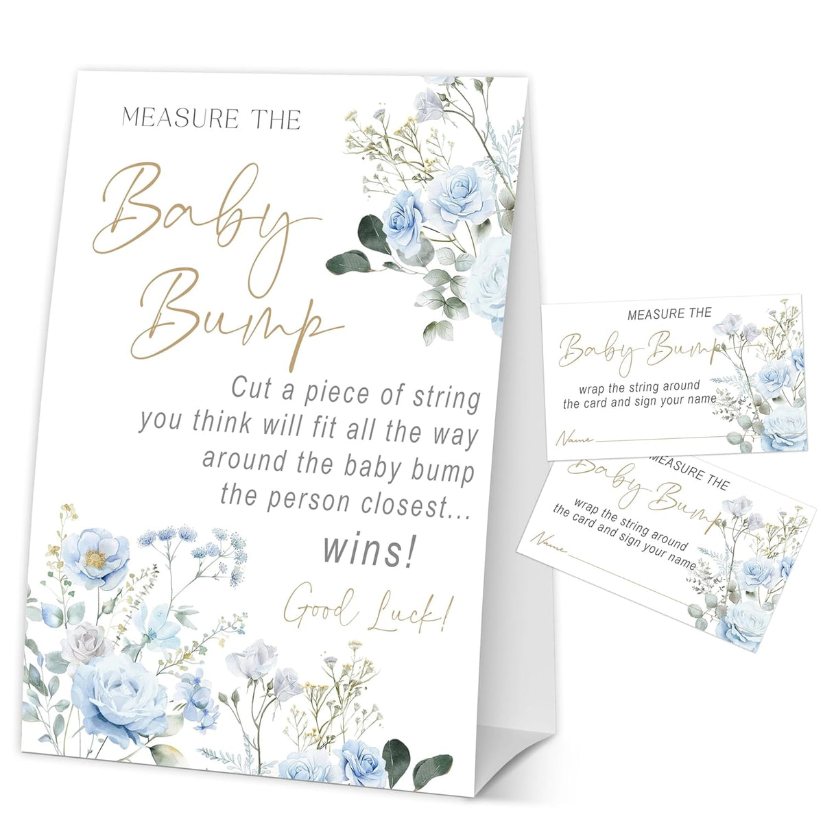 Baby In Bloom How Big Is Mommys Belly Game, Measure The Baby Bump Baby Shower Game, Blue Floral Baby Shower Party Decor & Supplies, 1 Sign & 50 Guess Cards-A04