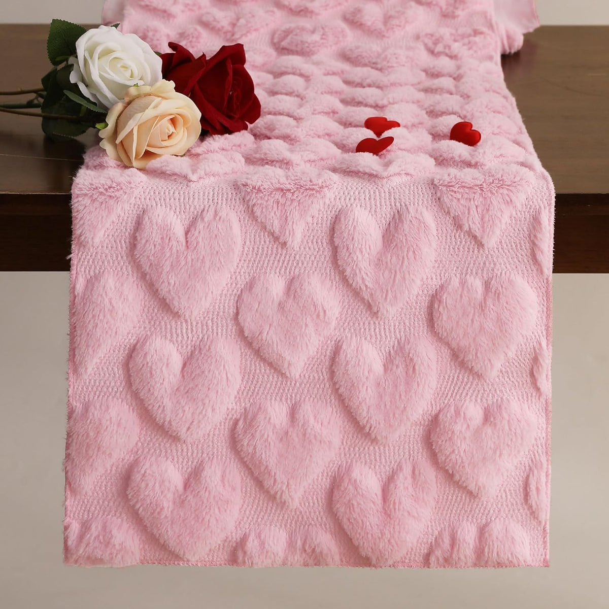 Valentines Tbale Runner 13X48 Inch Soft Plush Faux Fur Jacquard Pink Heart Table Runner, Seasonal Kitchen Dining Table Valentine'S Day Decoration For Home Party Decor Zr004B48