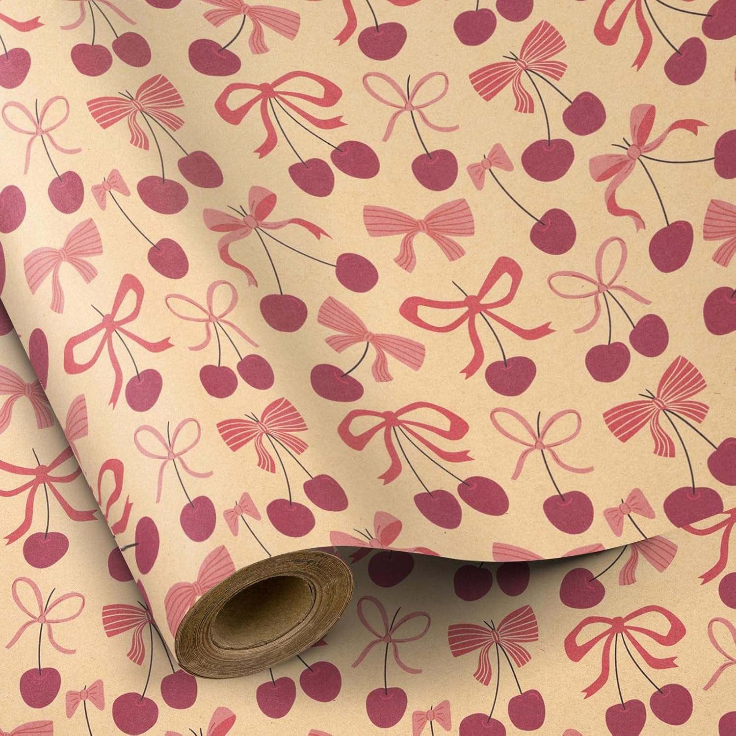 Cherry Bow Wrapping Paper For Girls, Mini Roll, Gift Wrap With Cherry And Red Bows Tie Patterns, Krfat Paper Great For Birthday, Valentine'S Day, Wedding, Anniversary, 17 Inch X 16.4 Feet