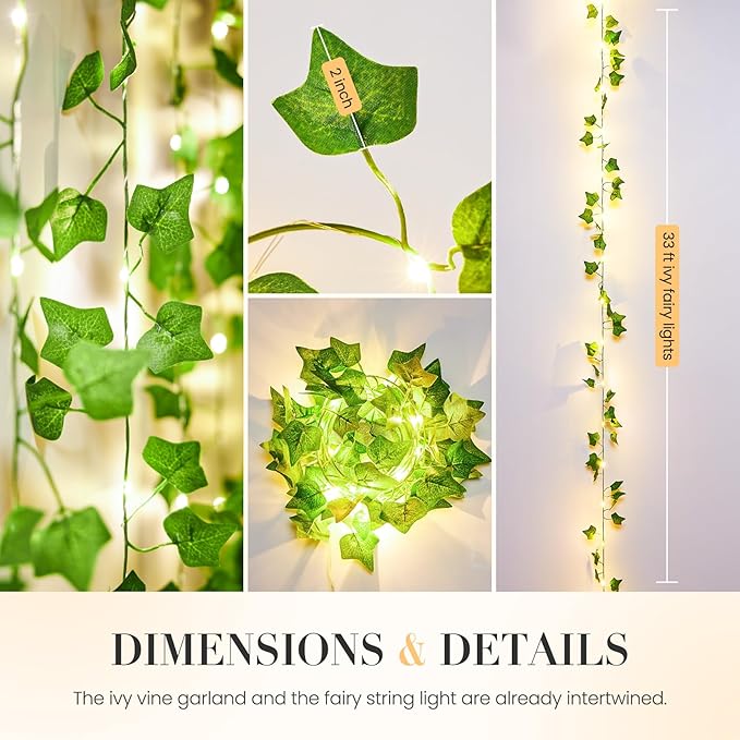 33FT 100 LED Ivy Vine Fairy Lights with Remote Control Battery and USB Powered Fake Leaf String Lights for Bedroom Garden Wall Party Wedding Room Decor