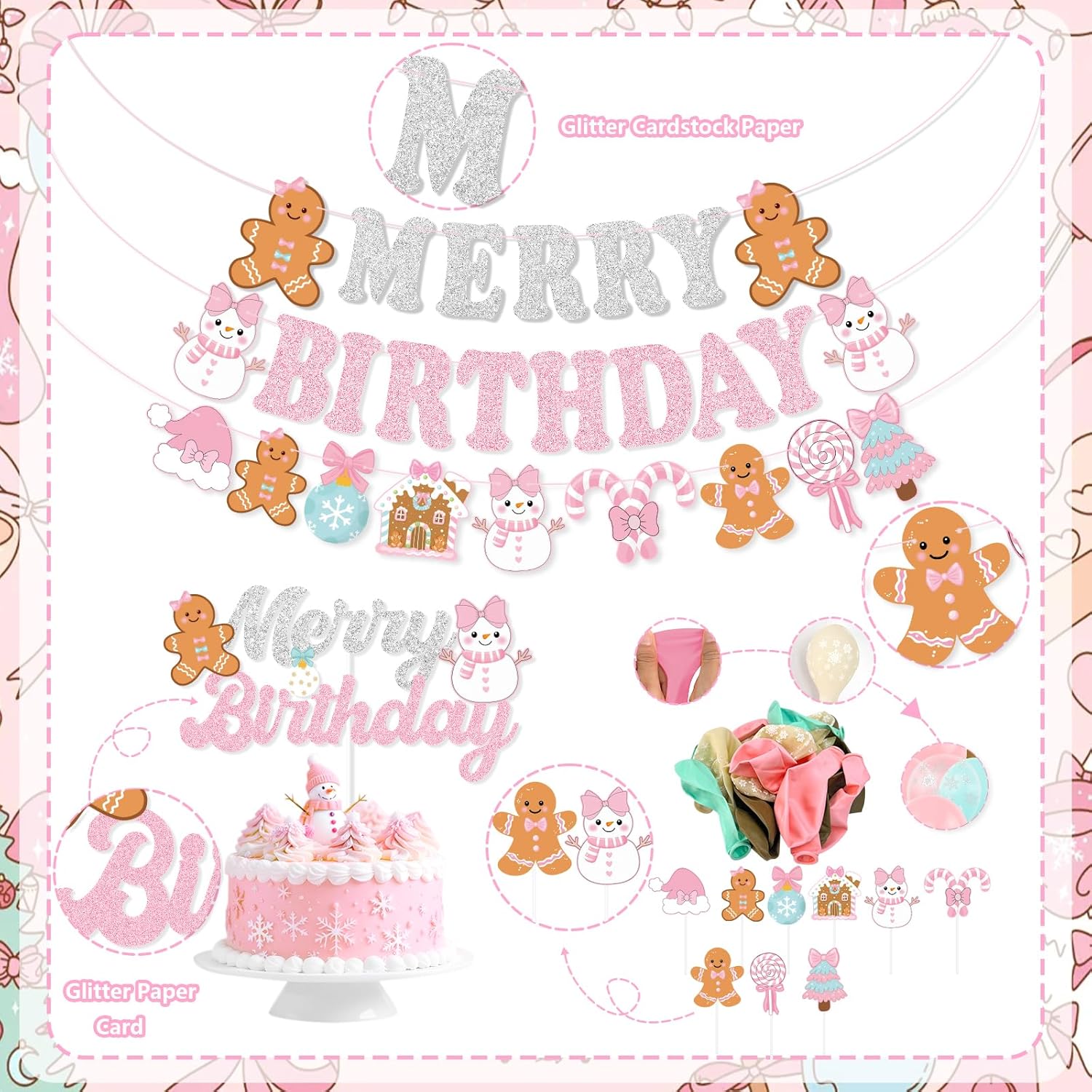 Pink Christmas Merry Birthday Party Decorations, Gingerbread Man Merry Birthday Banner, Cake Topper, Snowflake Balloons For Girls Gingerbread Christmas Decorations Pink Bow Xmas Party