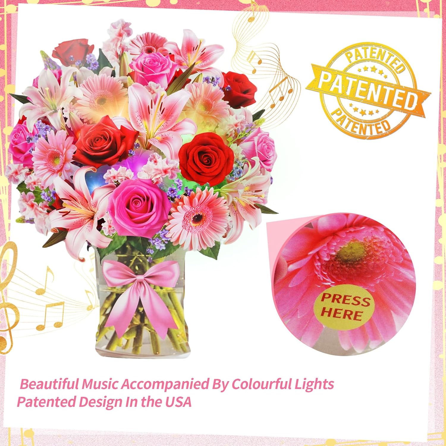 Flower Bouquet Birthday Cards With Music & Lights, Happy Birthday Cards, Lily Daisy Carnations, Anniversary Card, Paper 3D Pop Up Bouquet Greeting Card Gift For Mom Wife Women