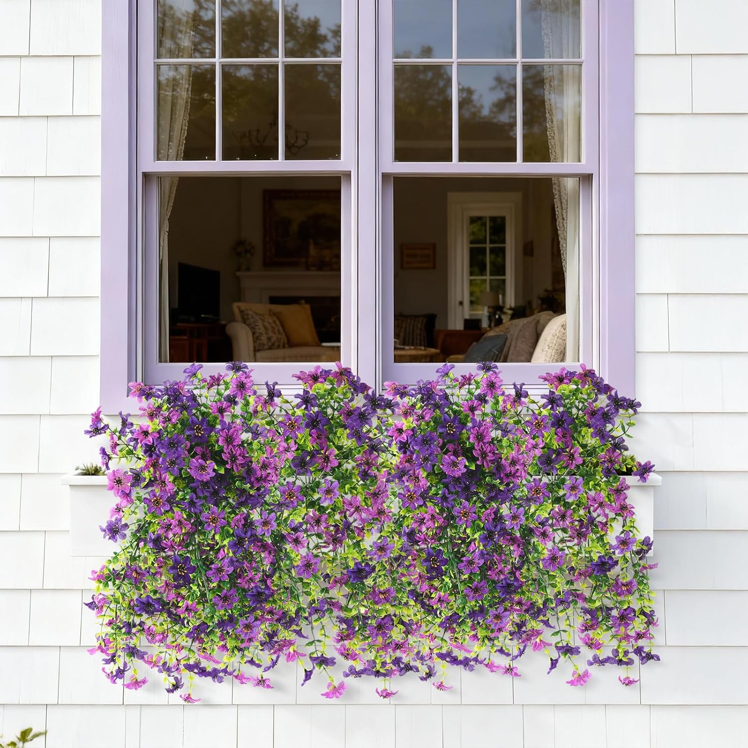 Artificial Hanging Flowers For Outdoors, 2 Pcs Fake Hanging Plant Spring Summer Decoration, Uv Resistant No Fade Faux Flower For Porch Patio Yard Window Home Decor(Double Purple)