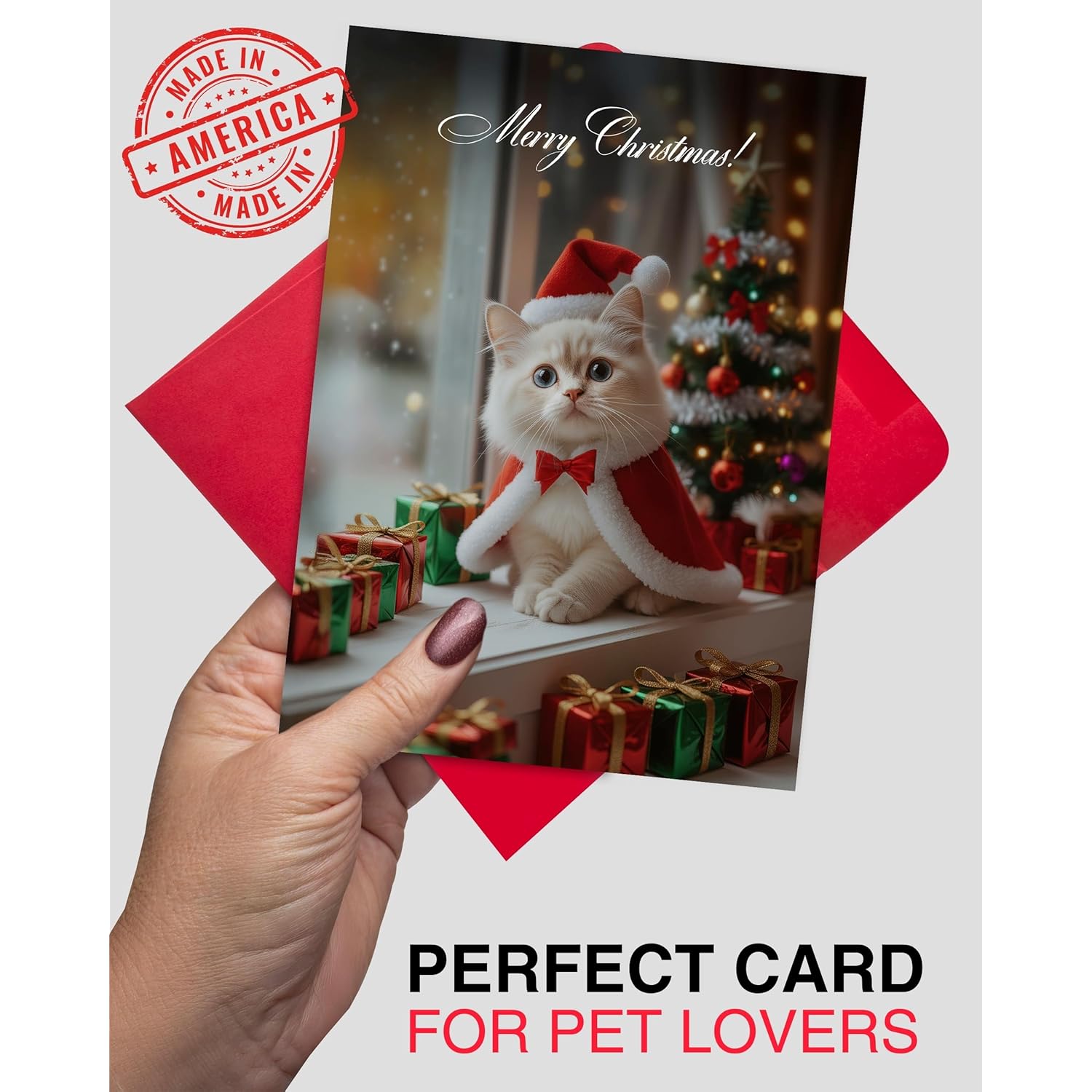 Ragdoll Kitten Christmas Greeting Card – Merry Christmas Cat Card For Pet Lovers, Blank Inside, 5X7” Premium Holiday Card With Red Envelope – Cute Cat Art, Made In Usa By Pet-Friendly Small Business