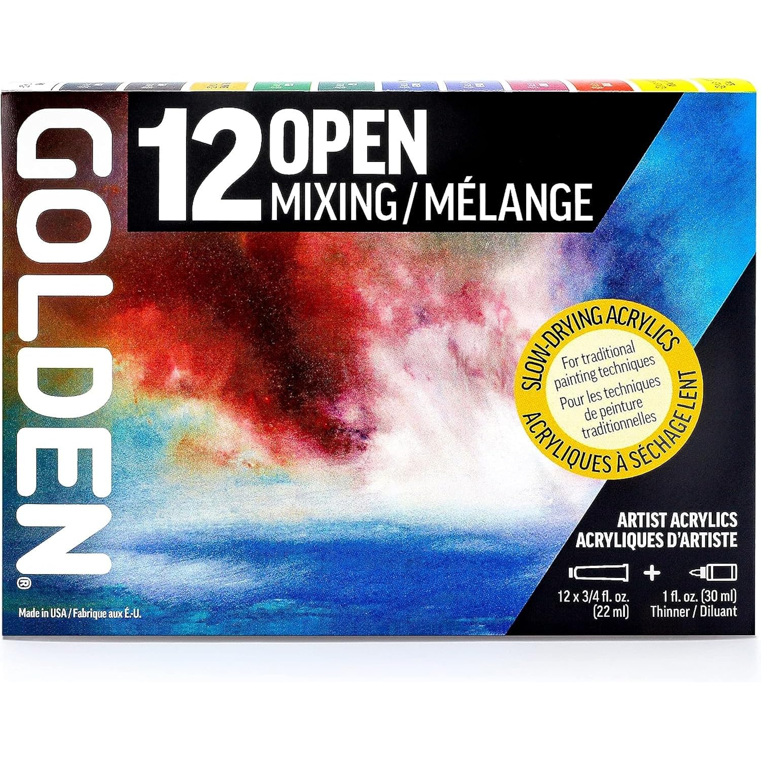 Golden Open Acrylic Paint Set, Mixing Painting Set, Slow Drying 12-Color Golden Acrylic Paint Sets Sticky Notes