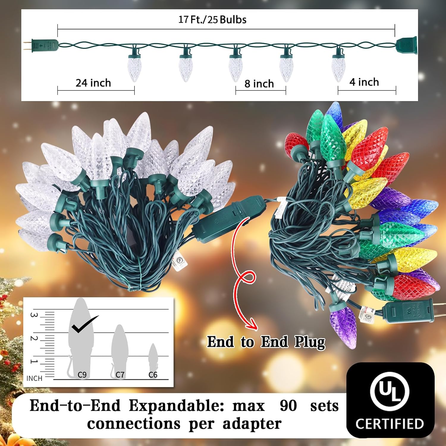 C9 Soft Twinkle Lights, 25 Led 17Ft Calming Christmas Lights, Waterproof Connectable Strawberry String Light For Indoor