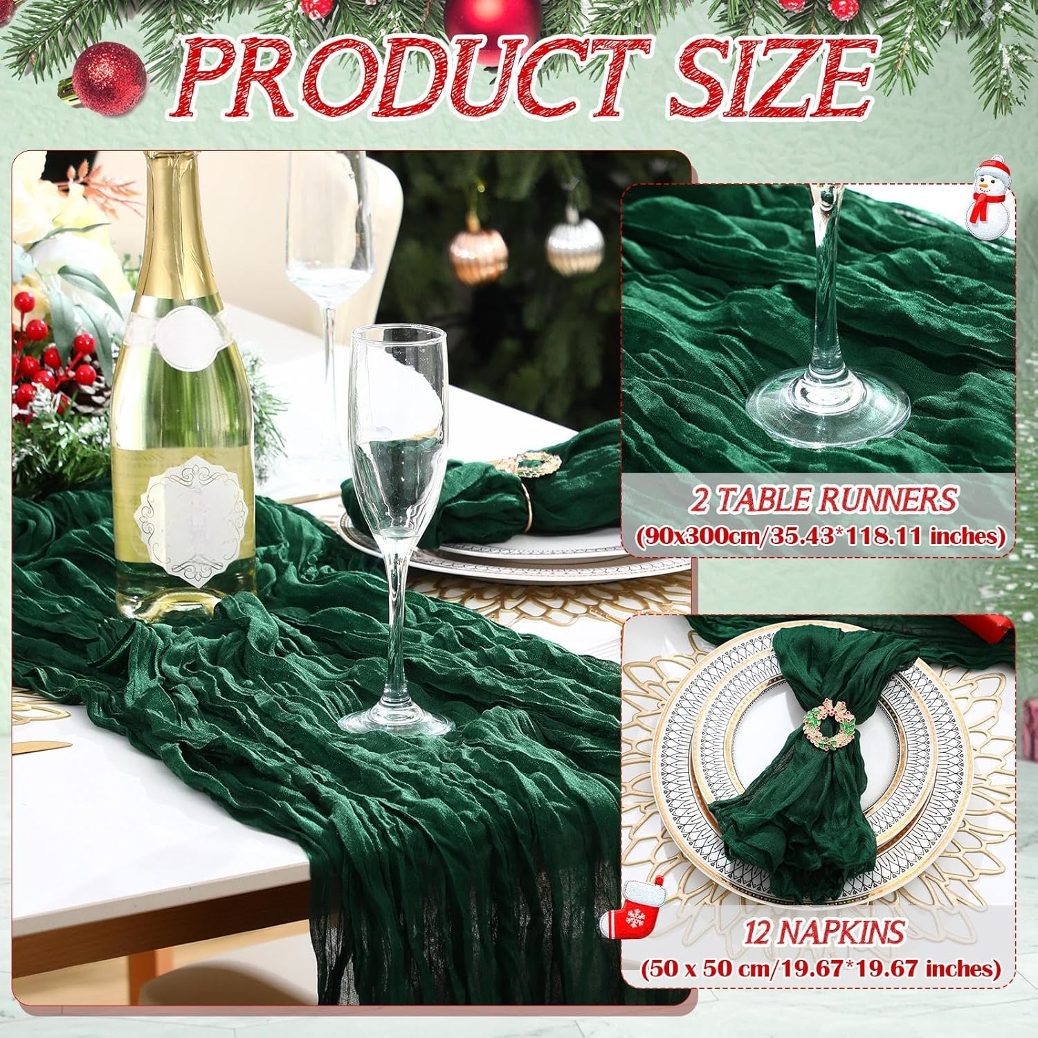 2 Pack Christmas Table Runners 12 Pcs Cheesecloth Napkins With 12 Pcs Metal Napkin Rings For Xmas Party Decorations 10Ft Green Cheese Cloth Table Runners Set(Wreath)