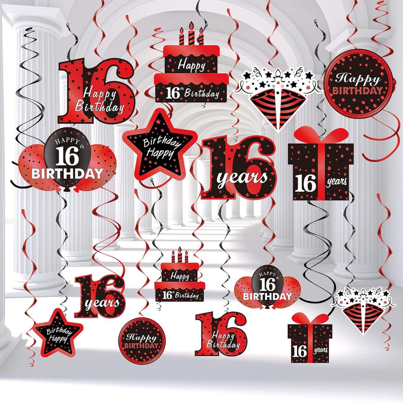 Red Black 16Th Birthday Hanging Swirl Decorations For Boys Girls, 30Pc