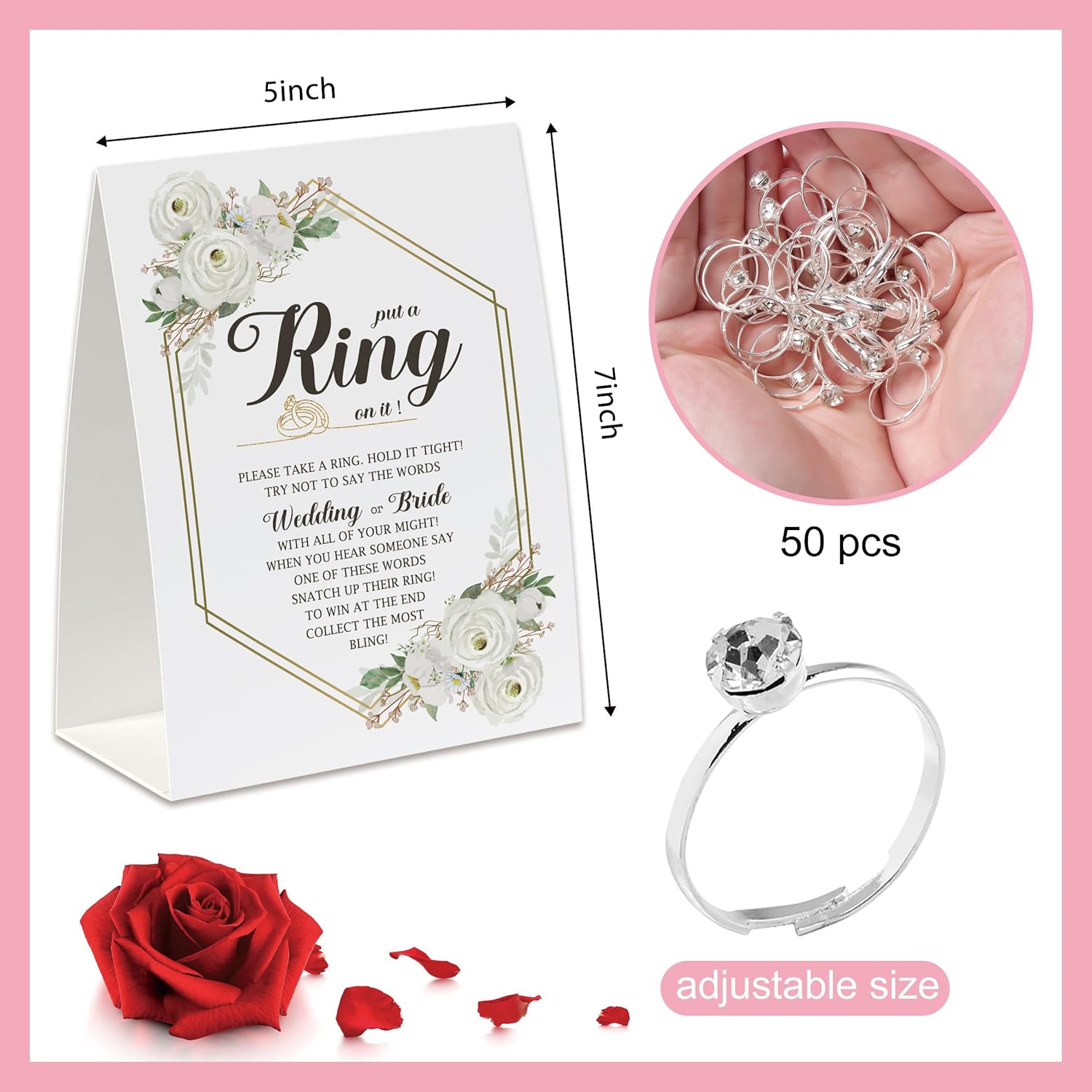 Put A Ring On It Game(50 Rings With One Sign), Don'T Say Wedding Or Bride Game,Fun Bridal Shower Game, Bridal Shower Decorations Geometric Frame Cream Roses-Jzds03