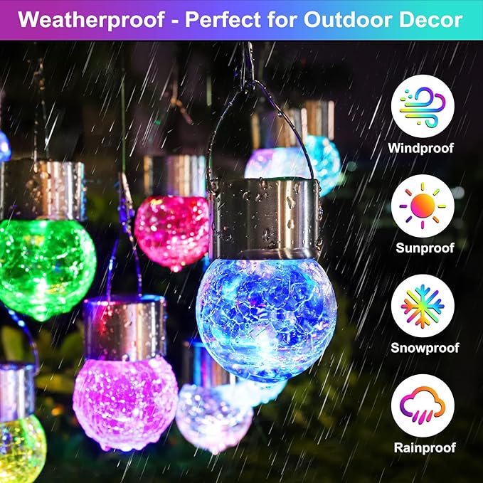 12 Pack Hanging Solar Cracked Glass Globe Lights Multicolor Waterproof Garden Tree Decor