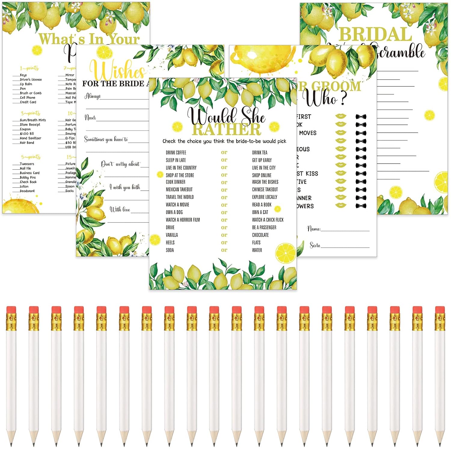 220 Pcs Lemon Bridal Shower Games Set Wedding Shower Game Supplies Include Bridal Games Cards And Pencils For Bachelorette Engagement Party Decorations Favors