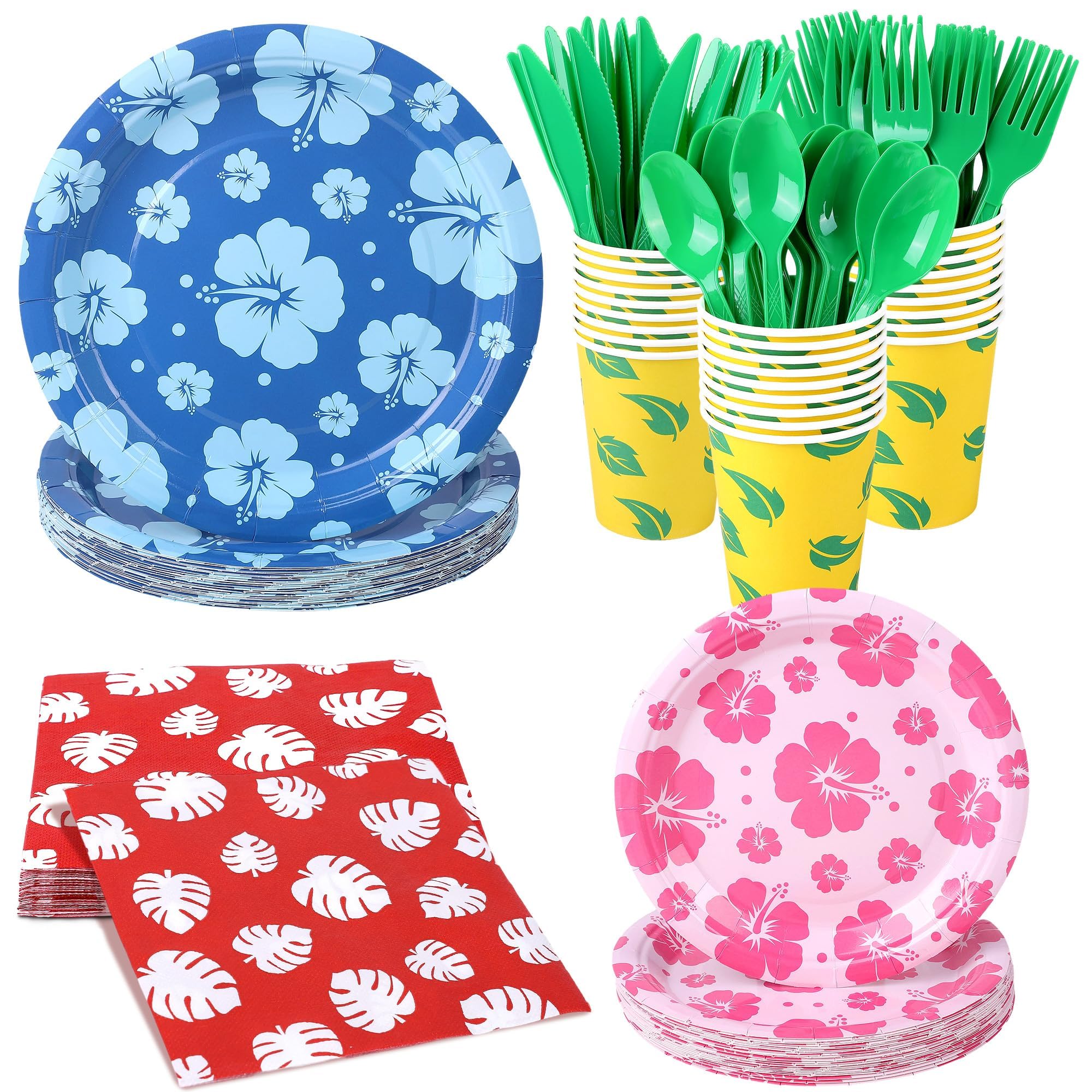 175 Pieces Hawaiian Cartoon Party Supplies Tropical Hawaii Hibiscus Floral Tableware Set 7 Inch & 9 Inch Paper Plates Napkins Cups Cutlery for Birthday Blue Cartoon Party, Serve 25 Guests