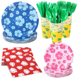 175 Pieces Hawaiian Cartoon Party Supplies Tropical Hawaii Hibiscus Floral Tableware Set 7 Inch & 9 Inch Paper Plates Napkins Cups Cutlery for Birthday Blue Cartoon Party, Serve 25 Guests