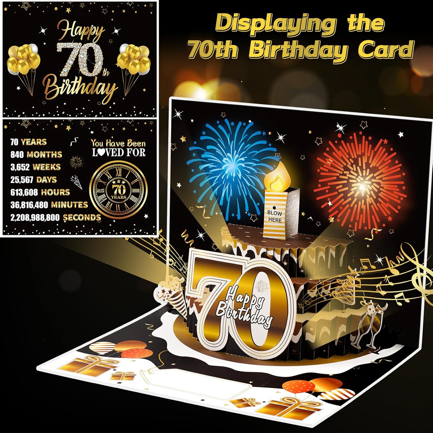 70Th Birthday Cards Pop Up 3D Cake - Firework & Music & Blow Out Candle Light Funny Happy 70 Black Gold Birthday Card Gifts For Men, Women, Friends, Boyfriend, Dad, Mom, Husband, Wife