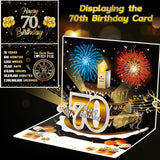 70Th Birthday Cards Pop Up 3D Cake - Firework & Music & Blow Out Candle Light Funny Happy 70 Black Gold Birthday Card Gifts For Men, Women, Friends, Boyfriend, Dad, Mom, Husband, Wife