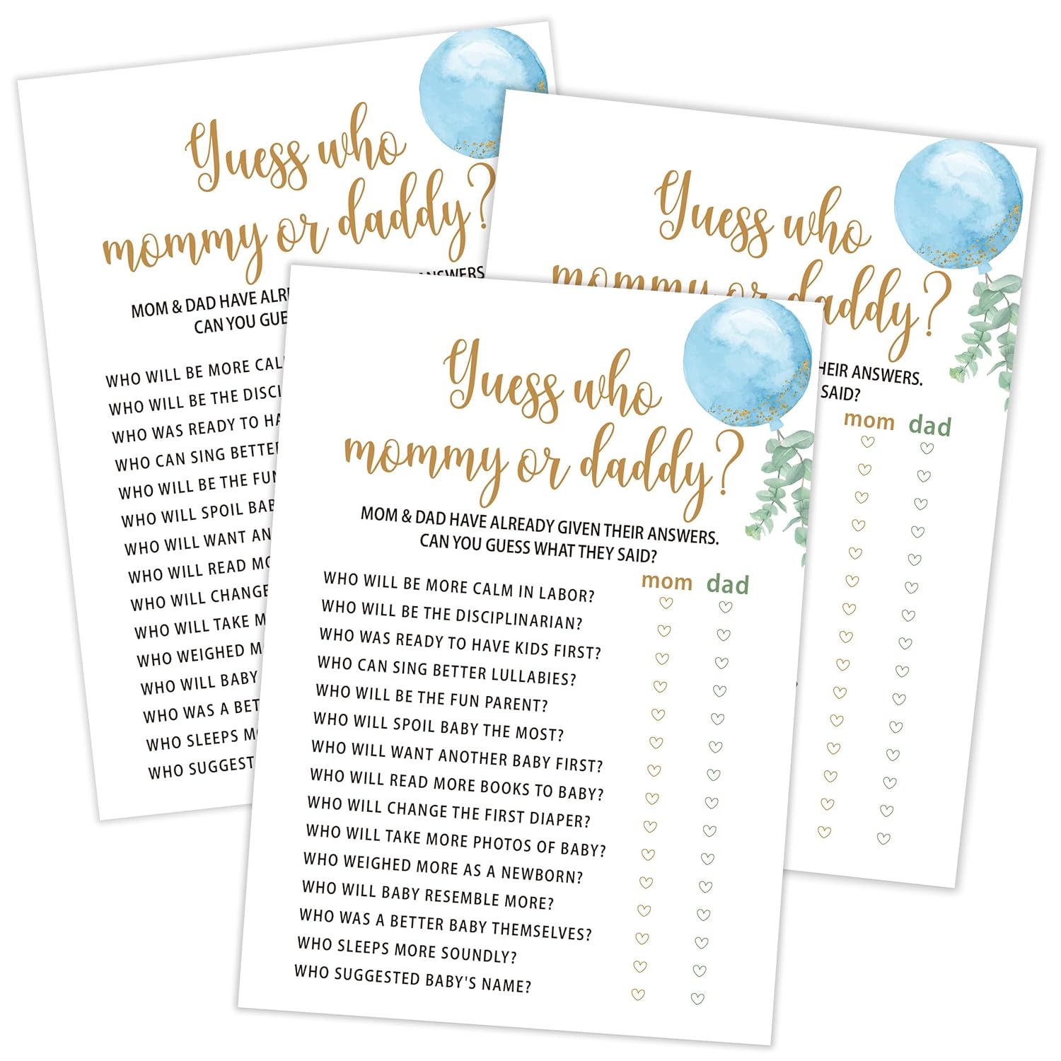 Blue Balloon Guess Who Mommy Or Daddy Game, Pack Of 30 Cards, Baby Shower Game, Gender Neutral Boy Or Girl, Fun Baby Activity - Gn47