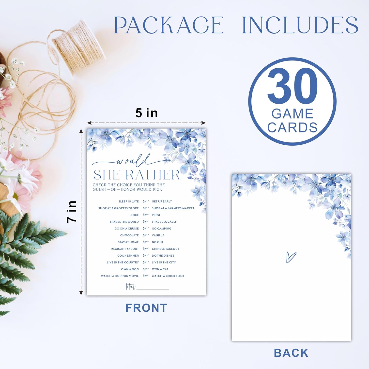 Would She Rather Bridal Shower Game - Blue Floral - 30 Pcs Double-Sided Fill-In Wedding Game Cards For Newlyweds, Engagement Party Activities & Decorations -A01