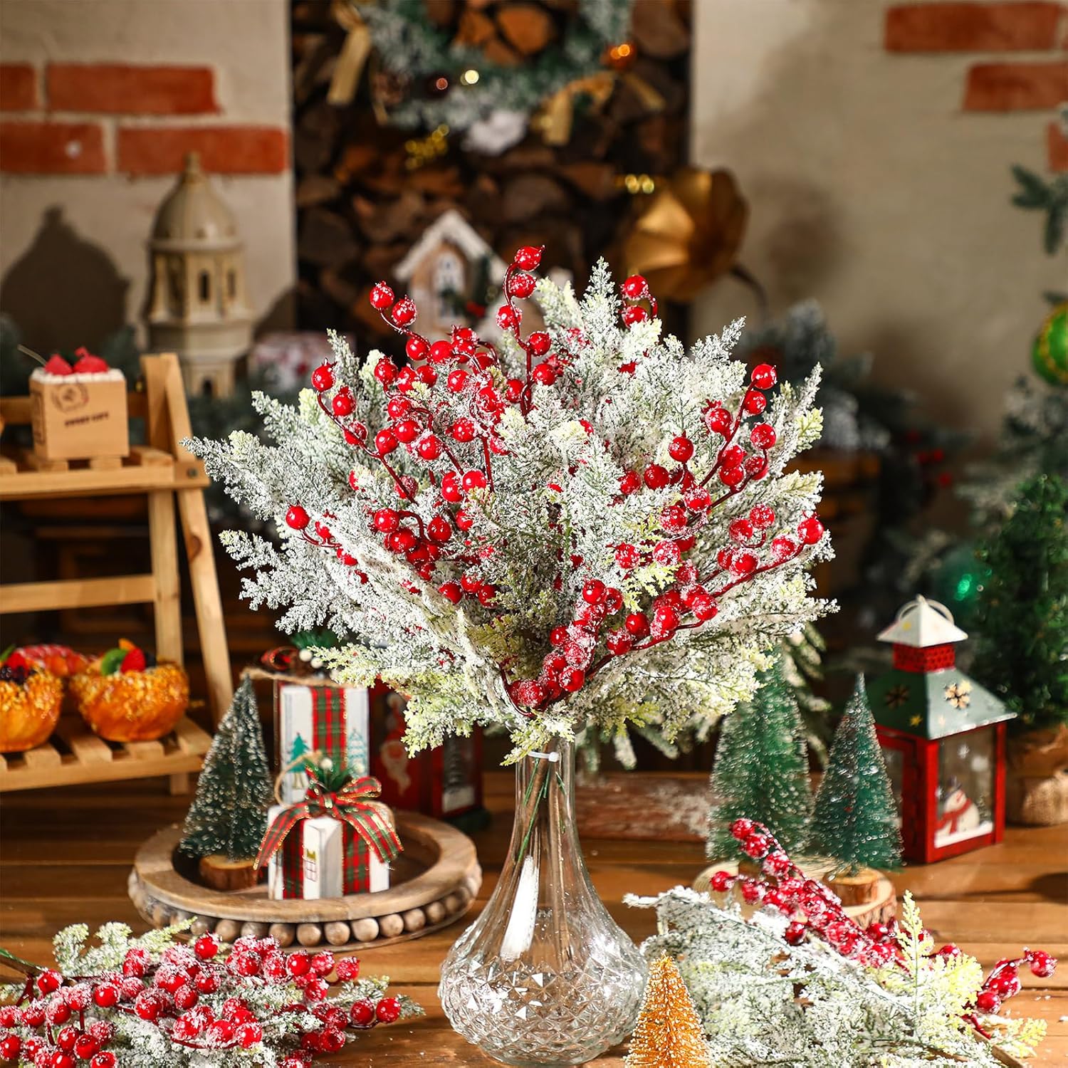 33 Pcs Christmas Snowy Artificial Cedar Picks Stems Berry Branches Set Frosted Faux Cedar Spray Christmas Cedar Red Berry Picks For Holiday Decorations Winter Season Crafts Home Wedding