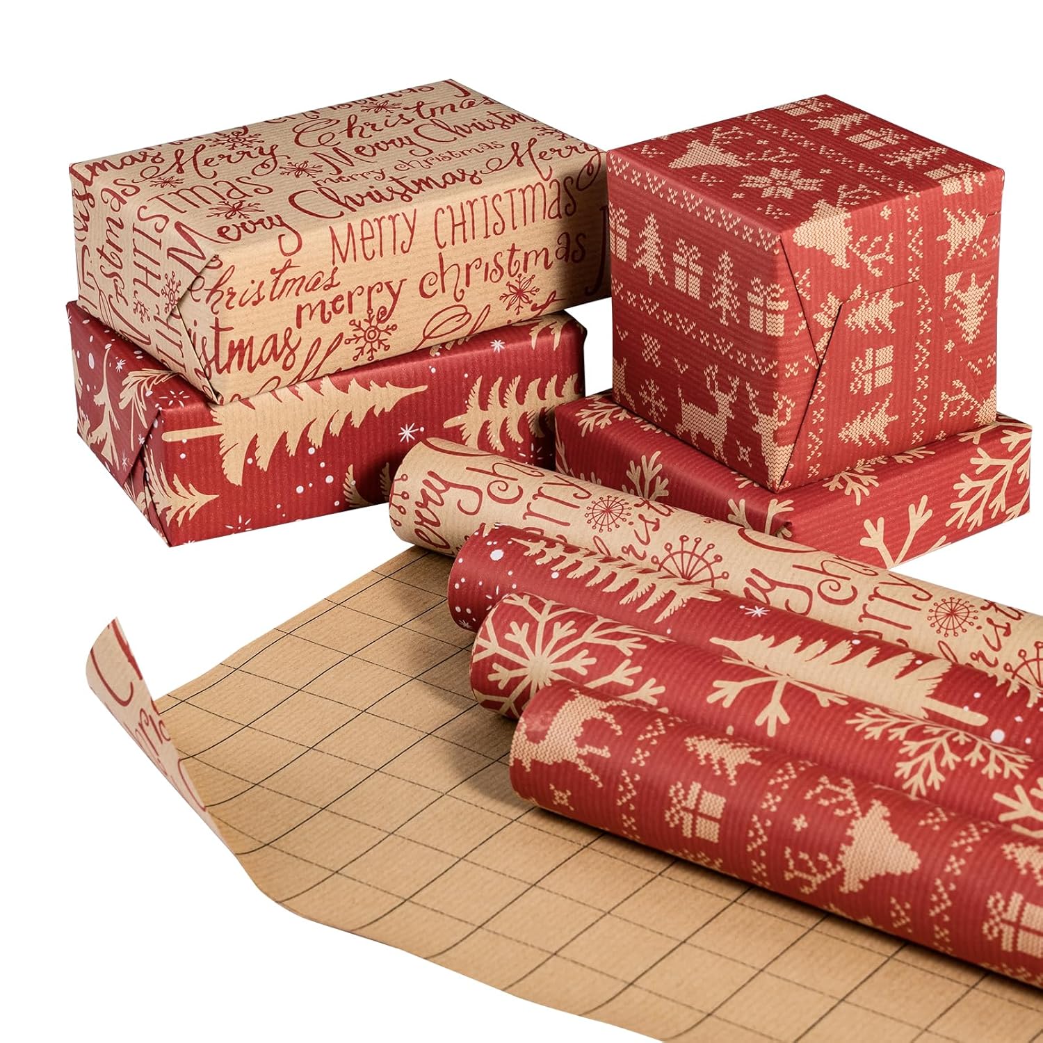 Christmas Kraft Wrapping Paper Roll - Red Reindeer, Snowflake, Christmas Tree And Text Design - 17 Inches X 10 Feet Per Roll, Total Of 4 Rolls