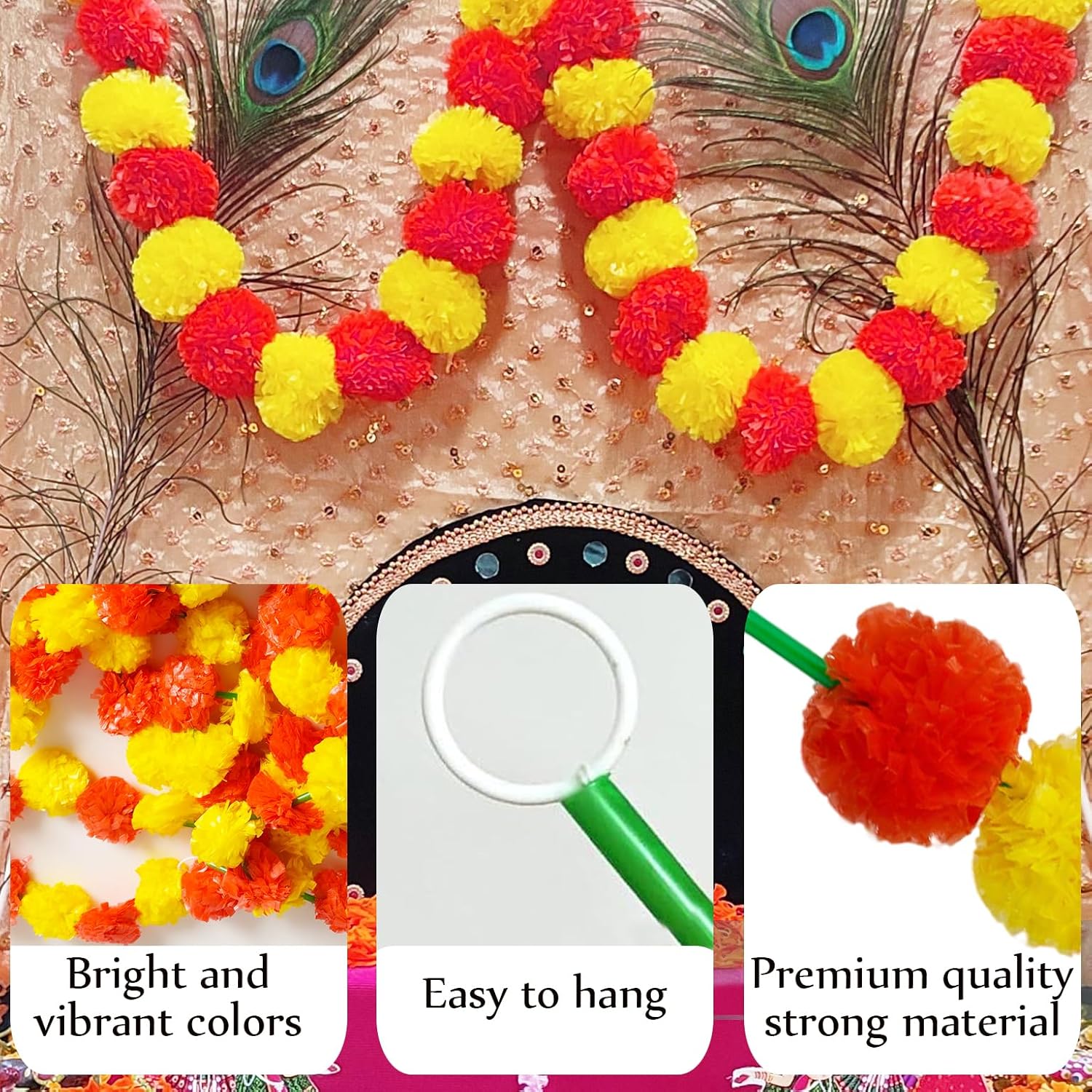 Marigold Garland For Decoration,5 Pcs Of 5-Feet Long Artificial Flower Garlands,Indian Décor For Pooja, Wedding, Halloween, Diwali,(Yellow & Red)