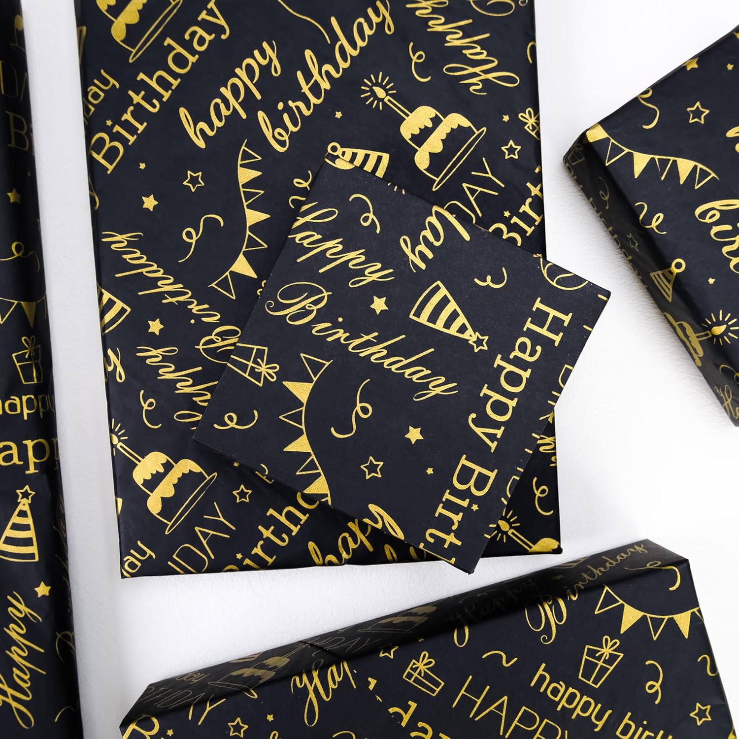 100 Sheets Black & Gold Birthday Tissue Paper - 20" X 14", Happy Birthday Design For Gift Bags & Parties