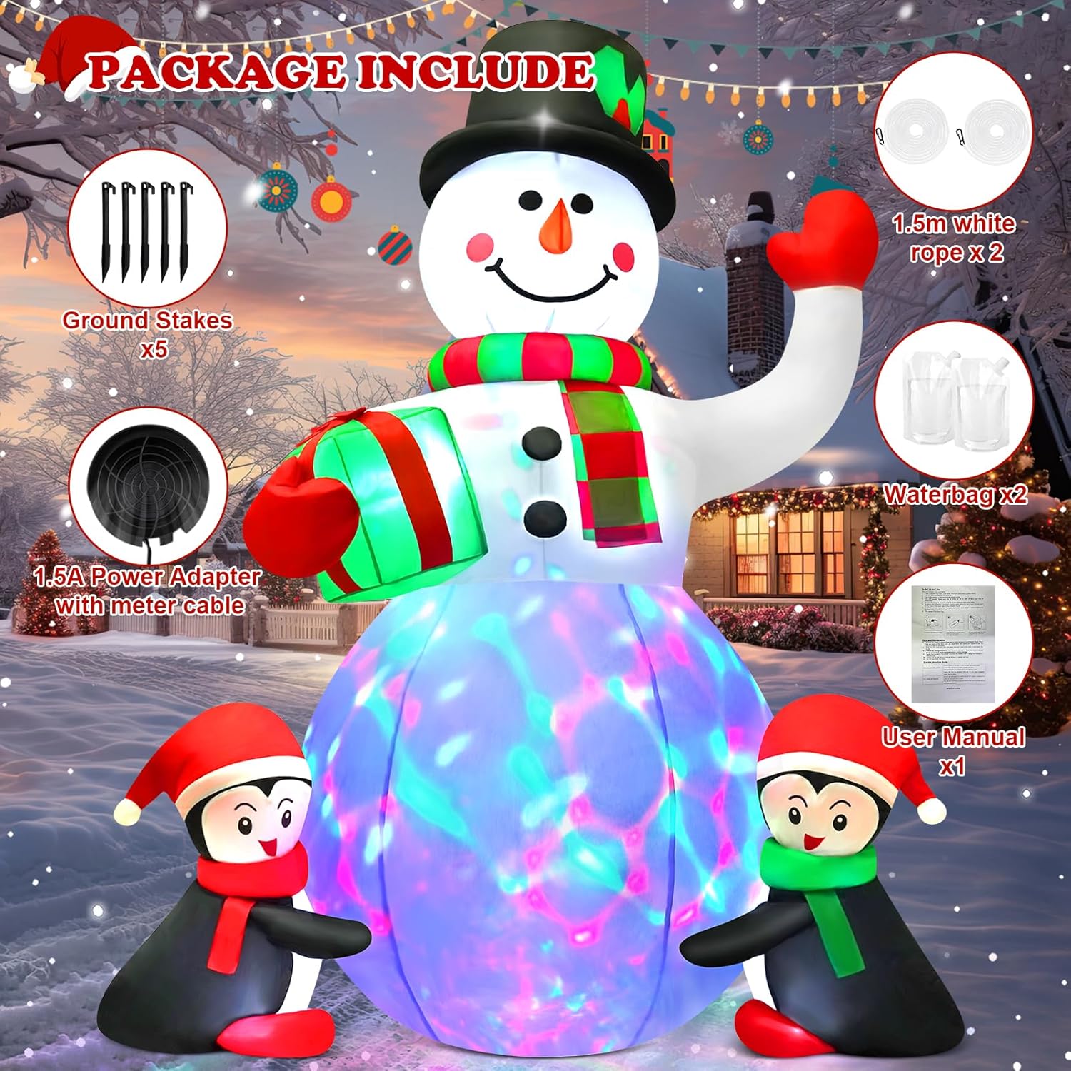 Christmas Inflatables Outdoor Decorations, 6.3 Ft Inflatable Snowman With 2 Penguins And Gift, Blow Up Xmas Decorations