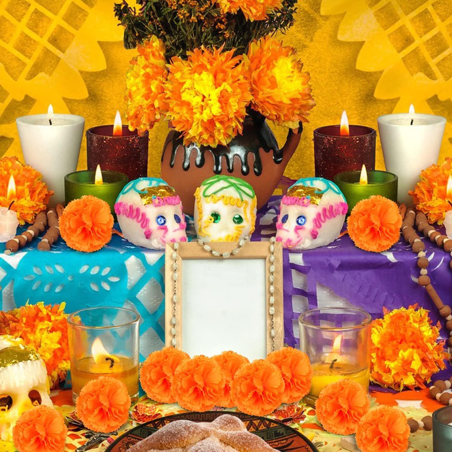 50Pcs Marigold Flowers Artificial Marigold Flowers Heads Bulk Mexican Decoration Silk Orange Marigold Garland With Stems For Day Of The Dead Halloween Diwali Party Decorations Home Decor