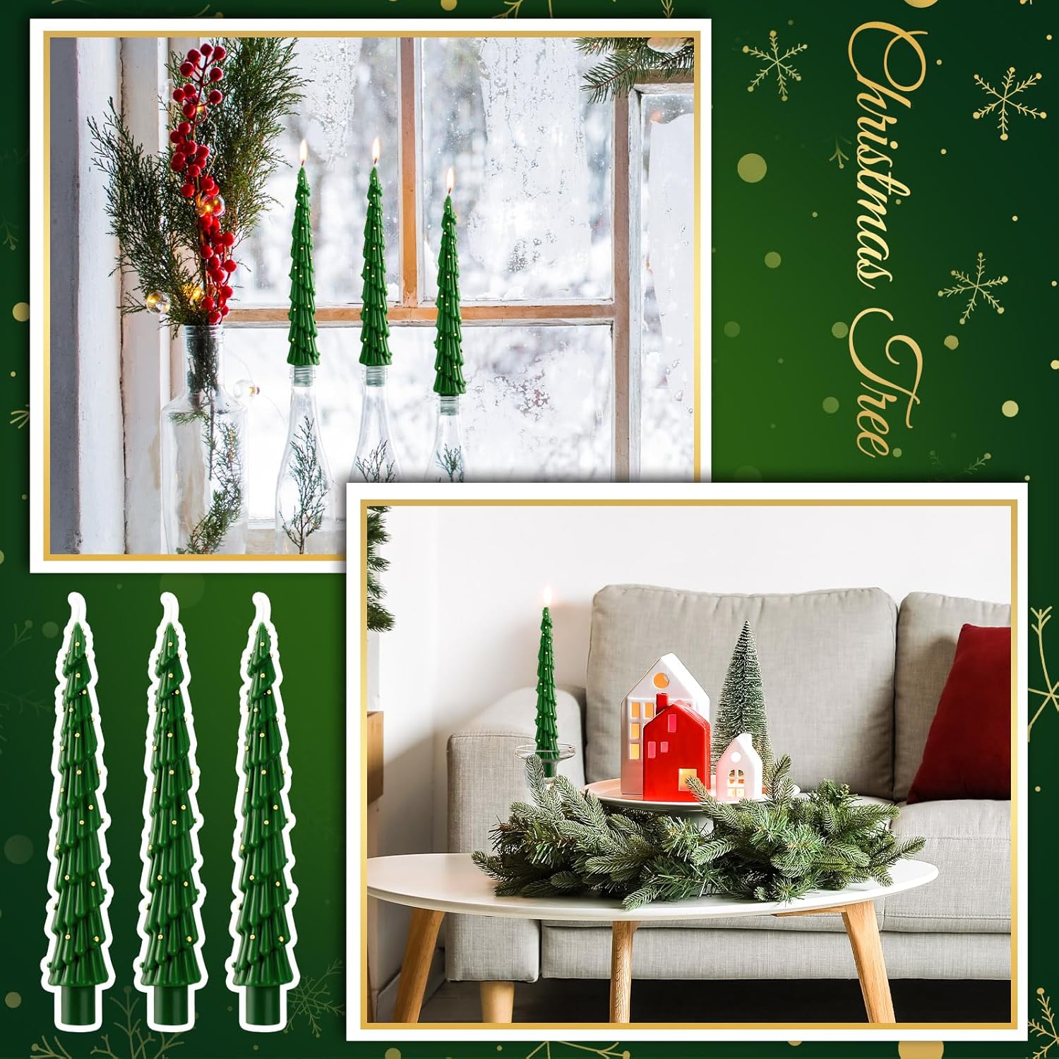 Green Christmas Tree Shaped Taper Candles 10 Inch Unscented Christmas Tree Candles Decorative Aesthetic Xmas Relaxation Gifts For Centerpiece Decorations(6 Pcs,Stylish)