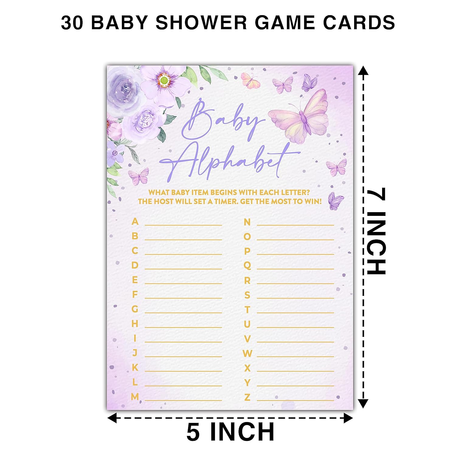 Butterfly Kisses Baby Shower Games, 30 Baby Alphabet Game Cards, Gender Reveal Party Supplies Favors (5"X7") - B09