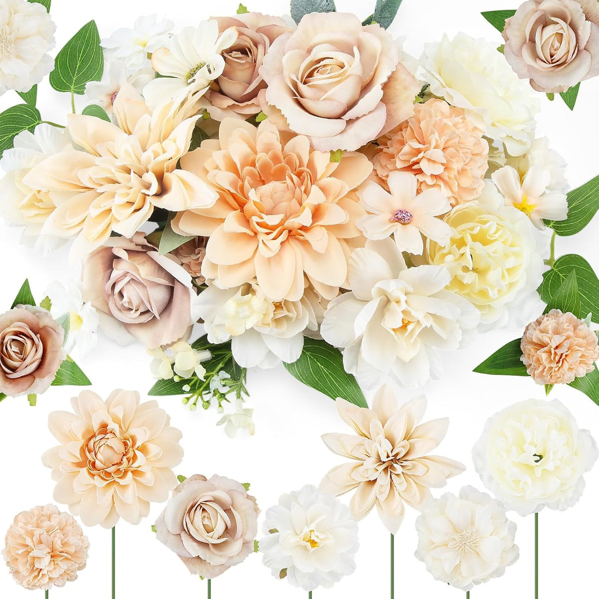 100 Pcs Assorted Fake Flower Heads With Long Stem Mini Artificial Flower Bulk Mix Silk Faux Daisy For Crafts Fake Peony Rose For Diy Wedding Party Wreath Home Decoration(Champagne)