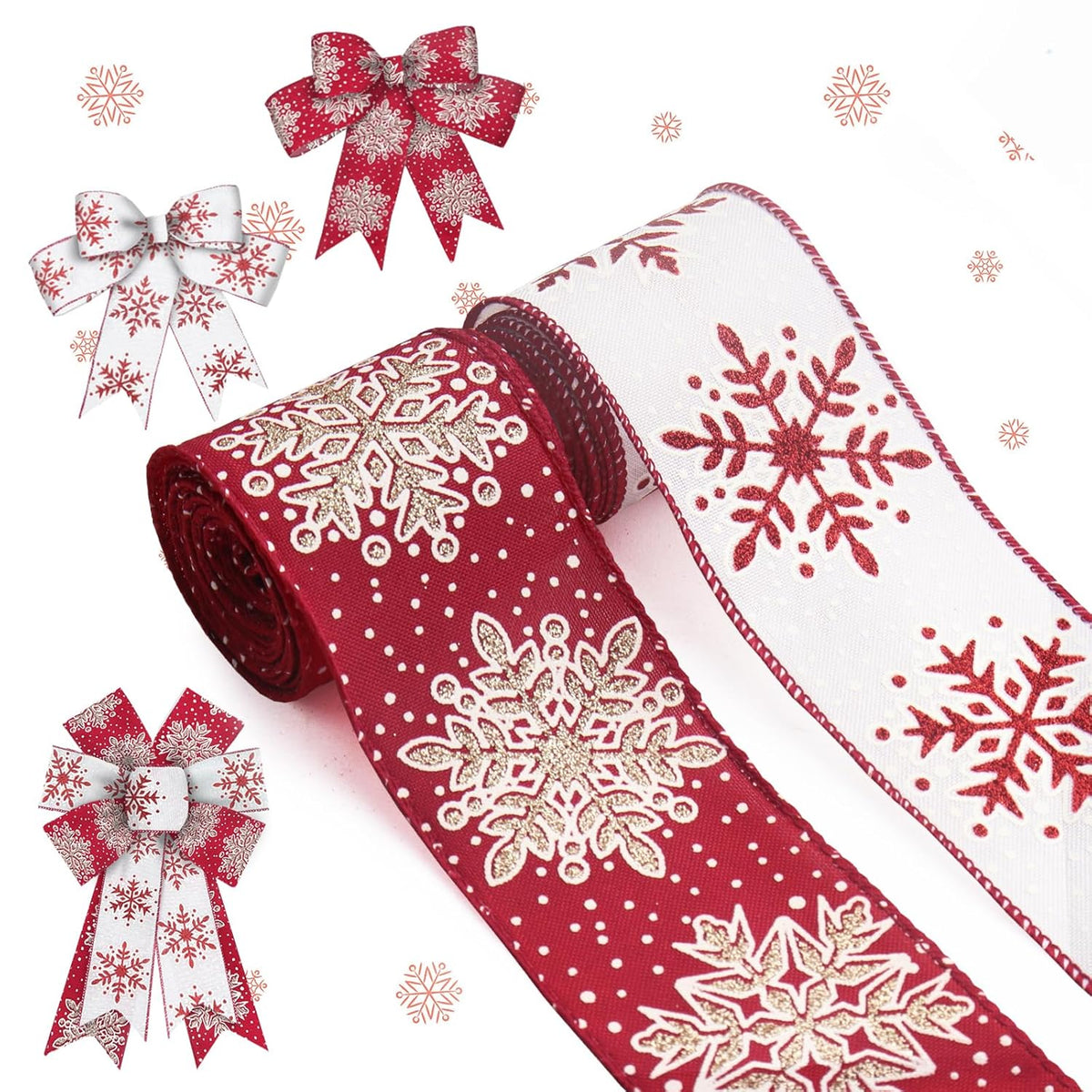 2 Rolls 2.5" 5 Yd Merry Christmas Ribbon Snowflake Wired Ribbon Glitter Gold Red White For Wreath Diy Crafting Gifts Wrapping Party Decoration