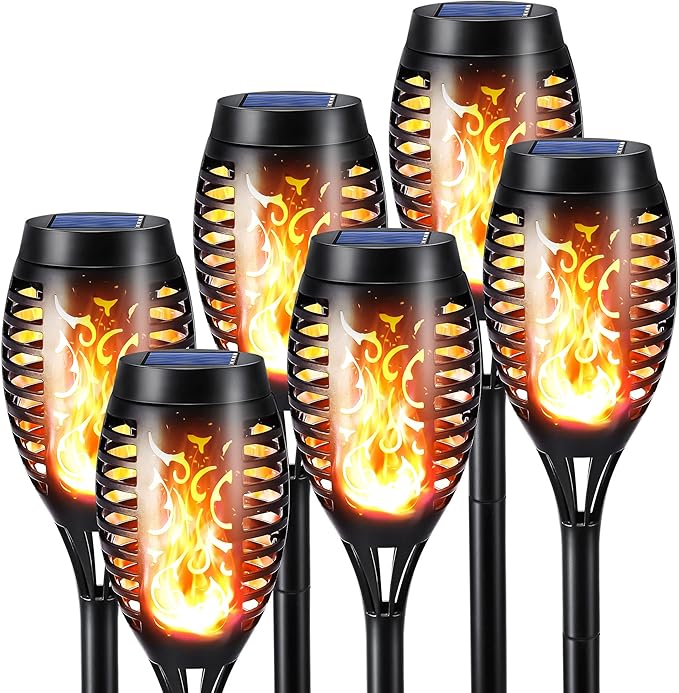 6 Pack Solar Torch Flame Lights Waterproof Flickering Flame Patio Garden Yard Decor