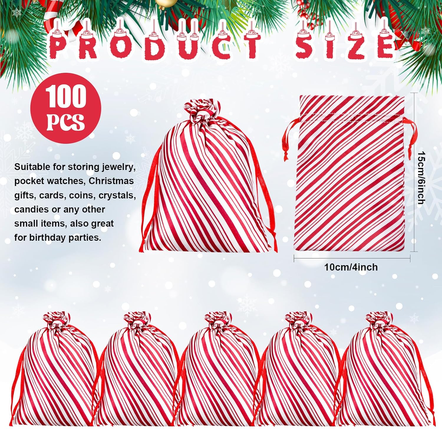 100 Pcs Christmas Satin Gift Bags With Drawstring Candy Cane Bags Christmas Mini Glitter Stripes Treat Bag Reusable Gift Wrapping Sack For Xmas Holiday Party Favor(4 X 6 Inch,White And Red)