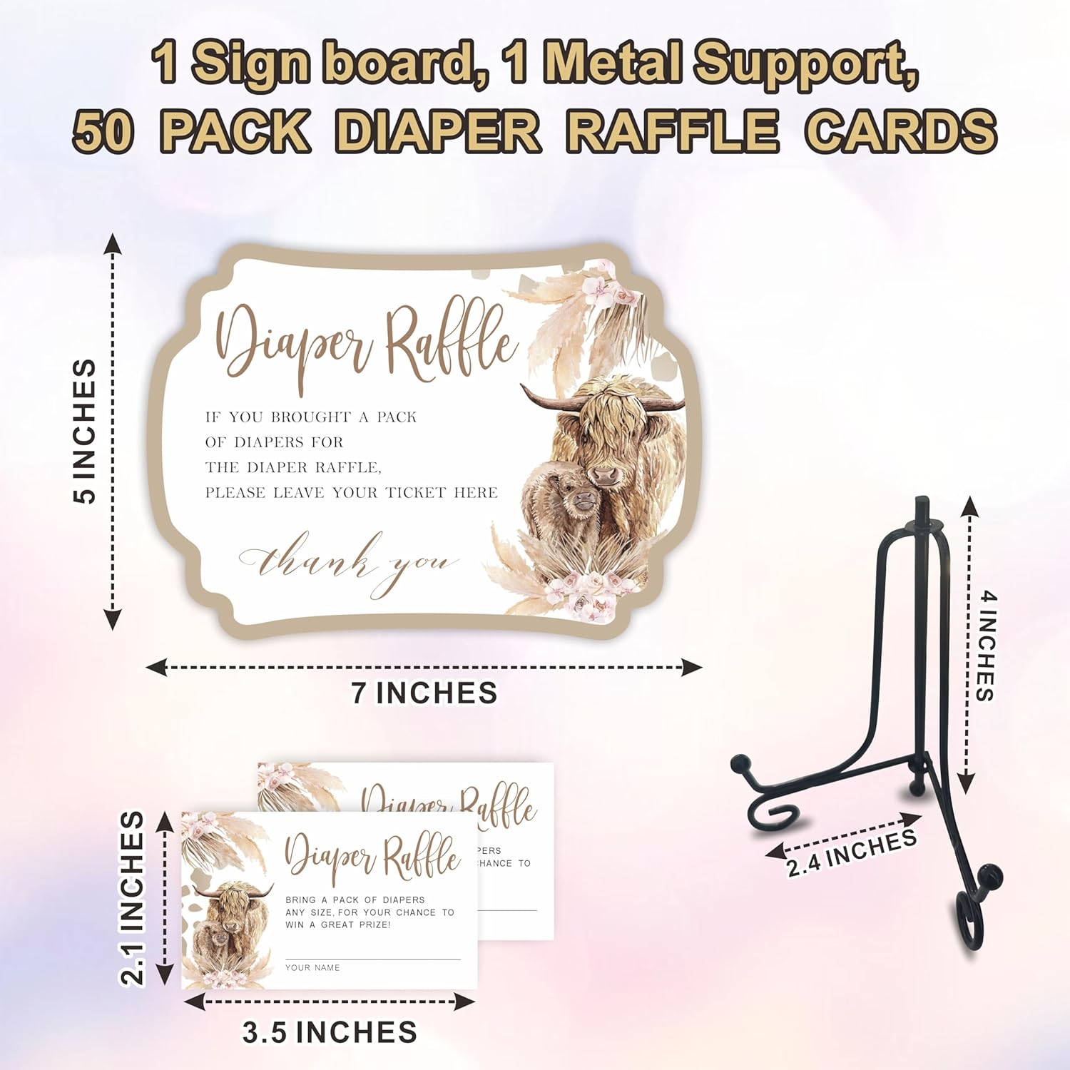 Diaper Party Game Set - Boho Cow - 50 Pcs Diaper Raffle Tickets,1 Wooden Sign & 1 Iron Stand, Gender Neutral Baby Shower Game Kit For Newborn, Party Favor - A06