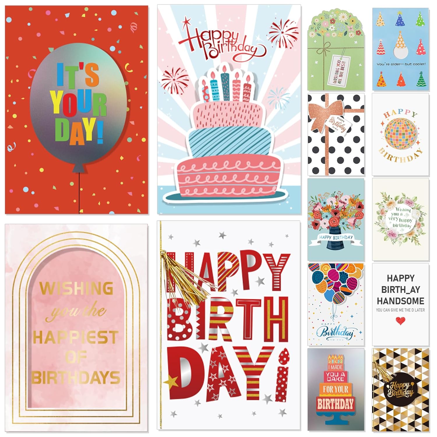 14 Pack 3D Handmade Birthday Cards Bulk With Envelopes, Unique Greeting Cards For Women & Men, 4.7×6.8 Inch, Gold Foil, Glitter, Happy Birthday Cards With Printed Messages – For Friends, Family, Coworkers