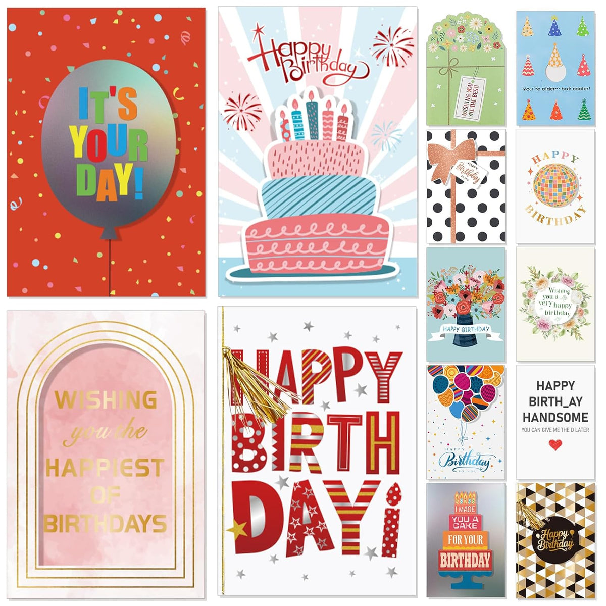 14 Pack 3D Handmade Birthday Cards Bulk With Envelopes, Unique Greeting Cards For Women & Men, 4.7×6.8 Inch, Gold Foil, Glitter, Happy Birthday Cards With Printed Messages – For Friends, Family, Coworkers