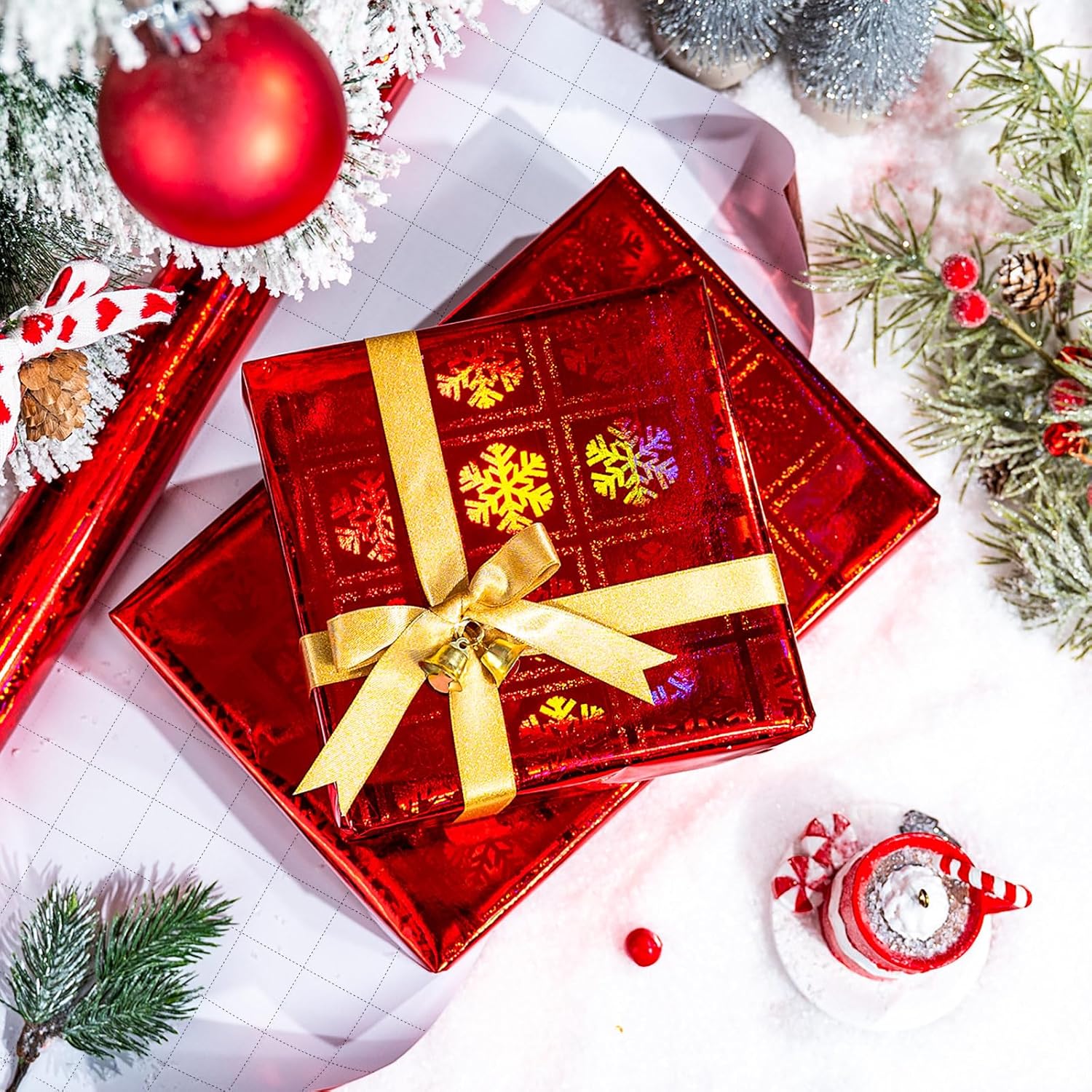 Christmas Wrapping Paper, Holographic Red Snowflake Design Gift Wrapping Paper Suitable For Christmas, Mini Roll (17 Inch X 32.8 Feet)