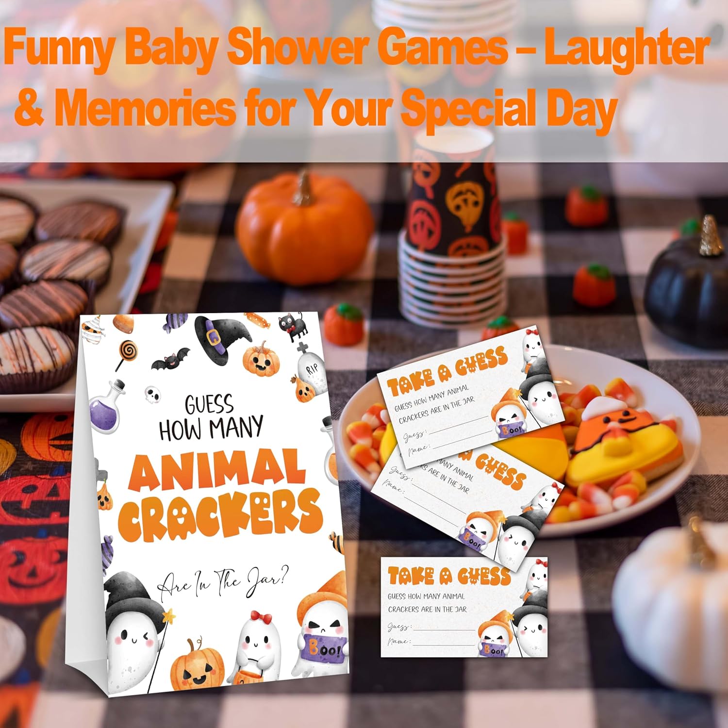 Halloween Baby Shower Games, Spooky Guess How Many Animal Crackers For Pumpkin Gender Reveal Party Supplies Decorations, 1 Standing Sign + 50 Tickets - A05