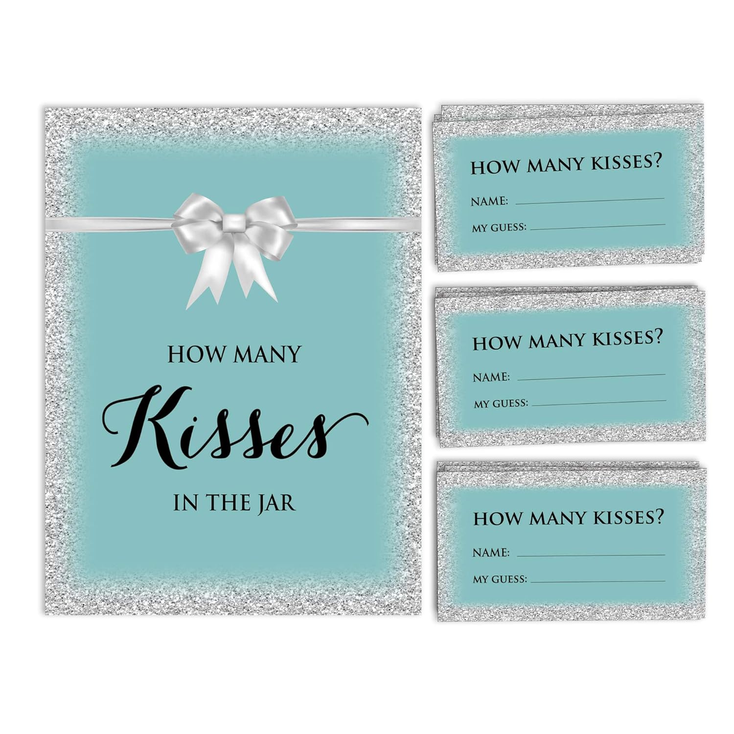 Aquamarine Glitter How Many Kisses In The Jar Bridal Shower Game 1 Sign + 30 Cards