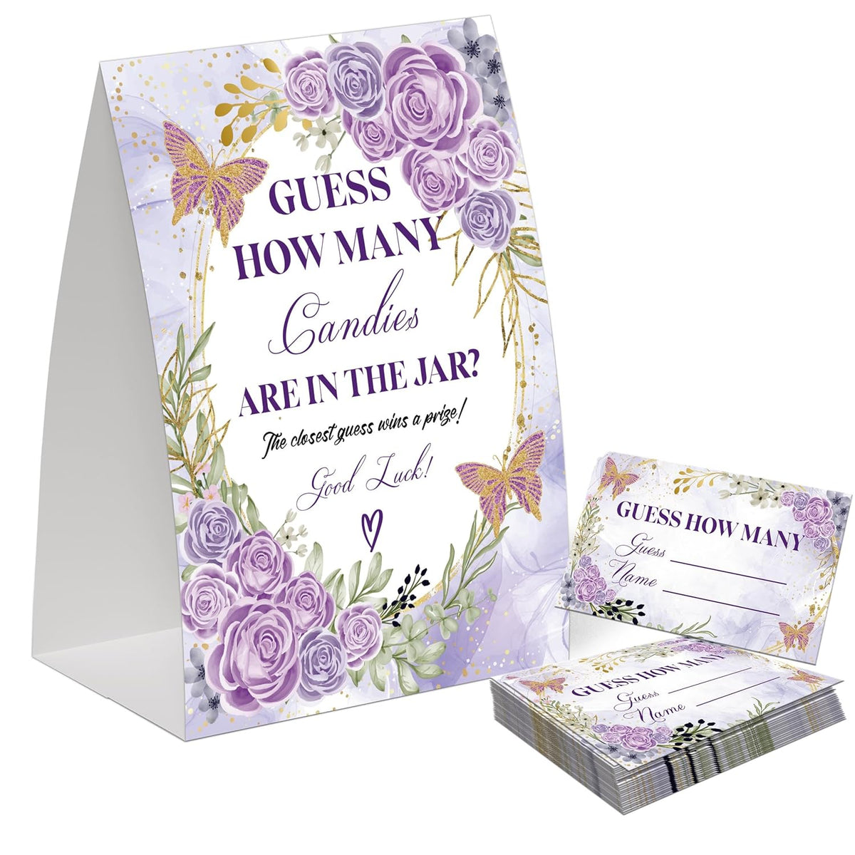 Lilac Gold Butterfly Guess How Many Candies Are In The Jar Game For Baby Shower, Pack Of One 5X7 Sign And 50 Guessing Cards, Floral Baby Shower Decoration, Gender Neutral Party Supplies - Gc01