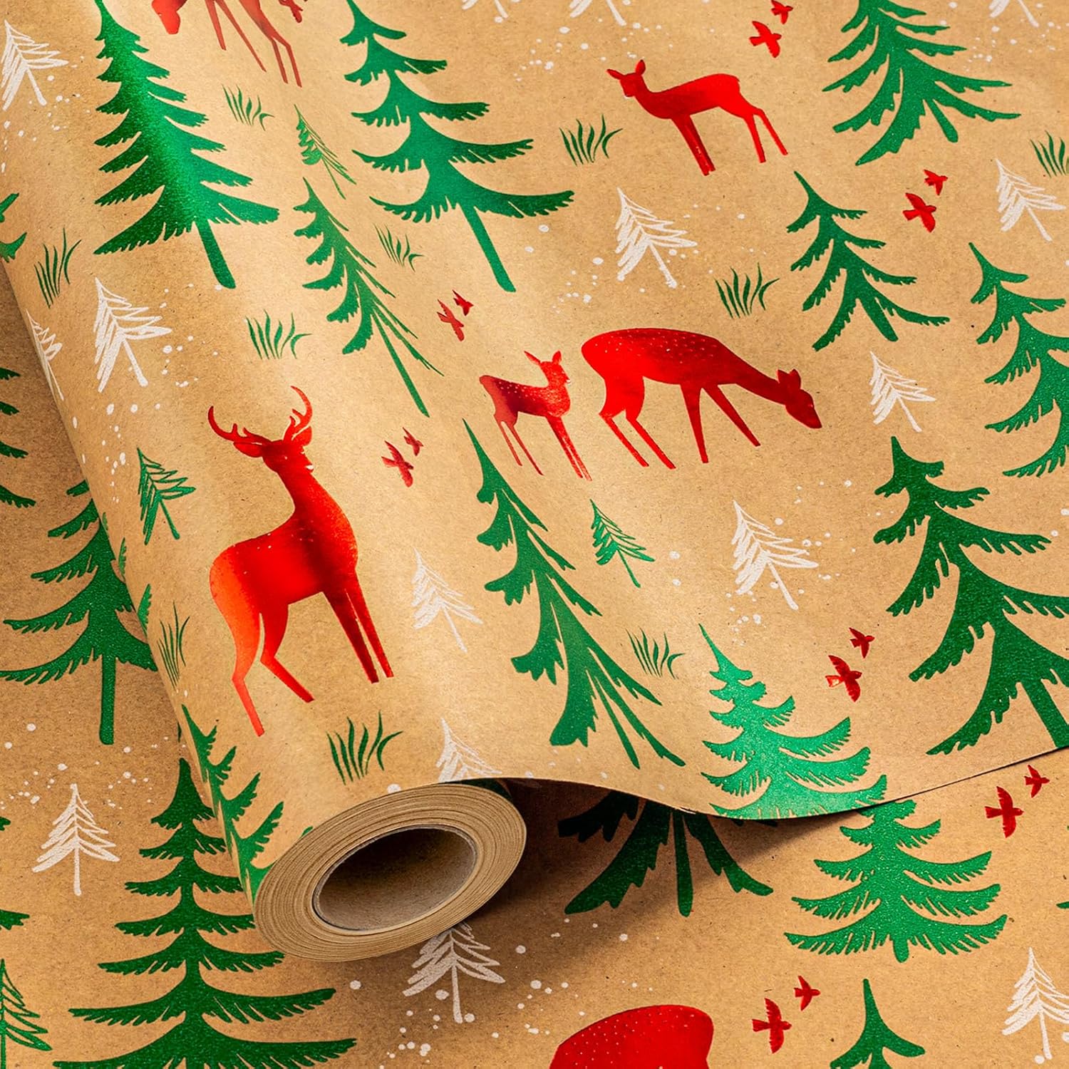 Christmas Kraft Wrapping Paper Roll- 17 Inch X 32.8 Feet - Red Reindeer Tree With Green Pine Print Wrap Paper For Christmas, Holiday, Party, Celebration