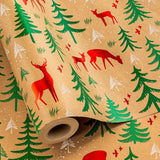Christmas Kraft Wrapping Paper Roll- 17 Inch X 32.8 Feet - Red Reindeer Tree With Green Pine Print Wrap Paper For Christmas, Holiday, Party, Celebration
