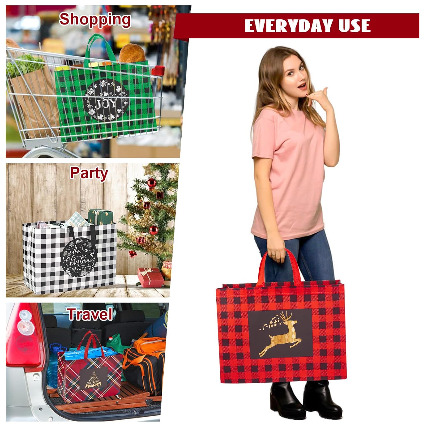 12Pcs Extra Large Christmas Gift Bags, 16.9 * 12.6 * 7.1”, Reusable Tote Bags With Handle Non-Woven Christmas Bags For Gifts Wrapping Xmas Holiday